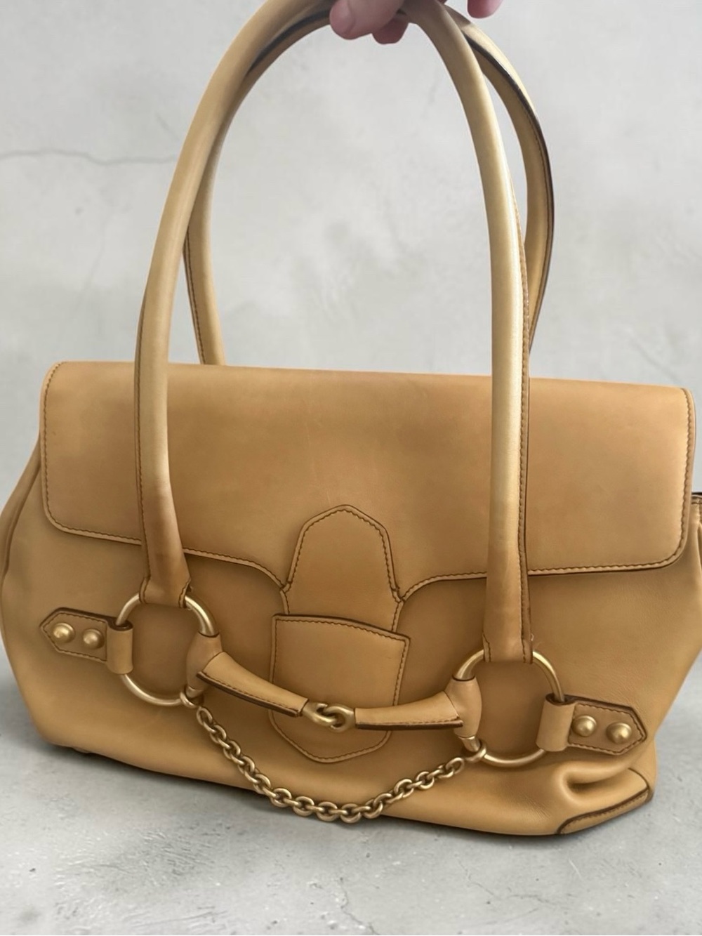 Gucci Tom Ford Era Horsebit Chain Satchel Tan Camel Leather Gold Hw F03/S04